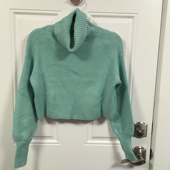 Wild Fable Cropped Sweater Cowl Neck Ribbed Knit Long Sleeve Turquoise NWT Sz S - Picture 1 of 8